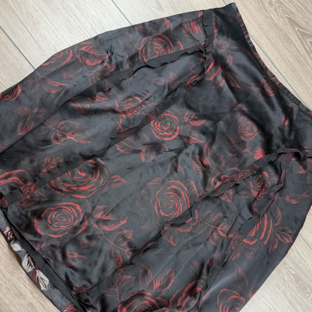 Ellen Tracy Womens Skirt Silk Floral Rose Ruffle Trim Black Red Size 12